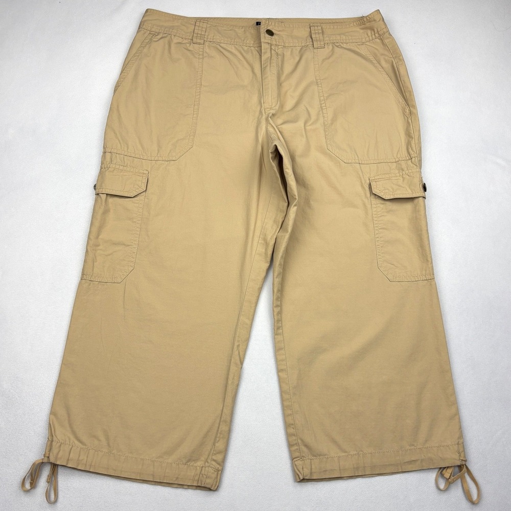Chaps Womens 12 Khaki Tan Cotton Twill Cargo Capri Pants Drawstring Hem 34 Waist